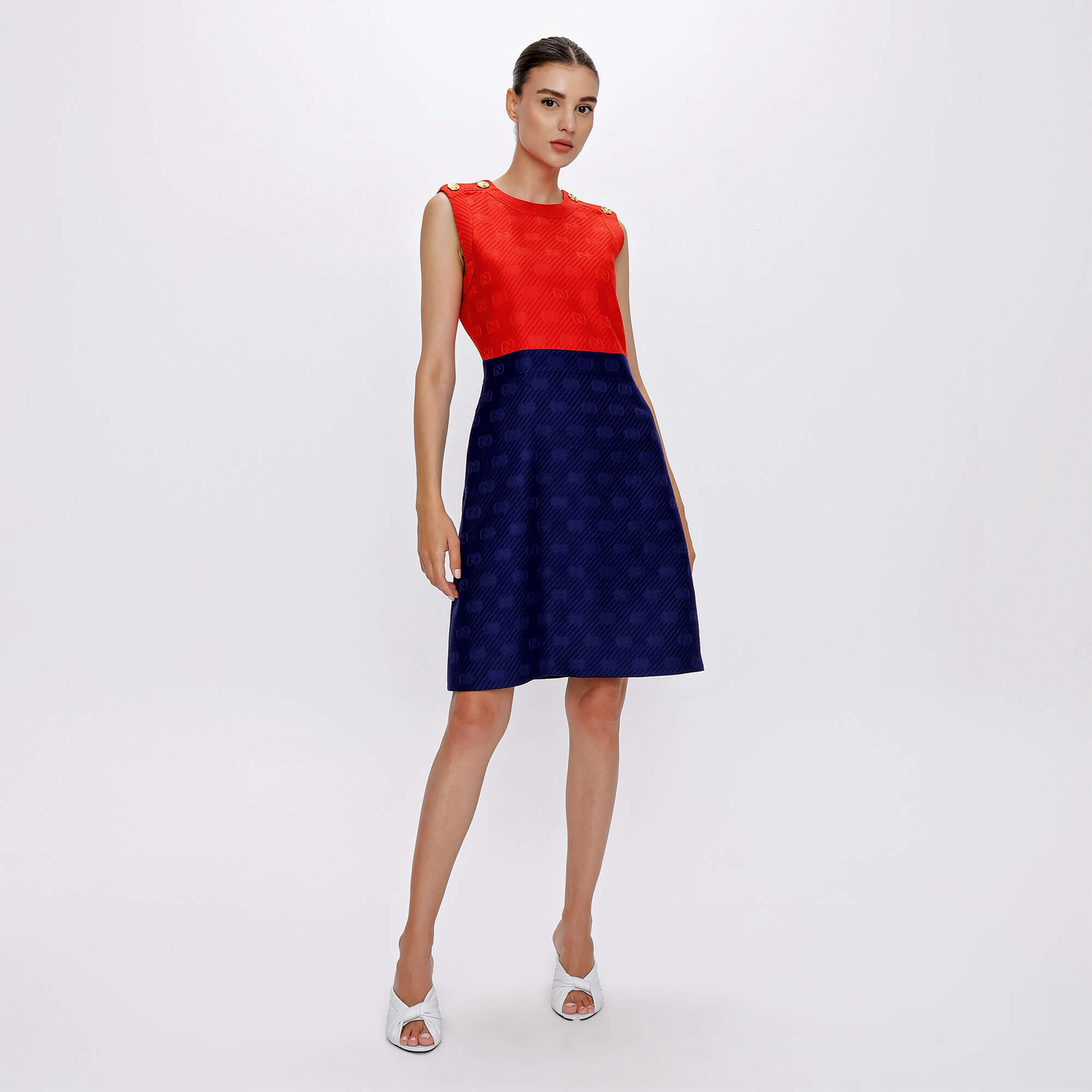 Gucci - Red&Navy Blue GG Gold Button Dress 